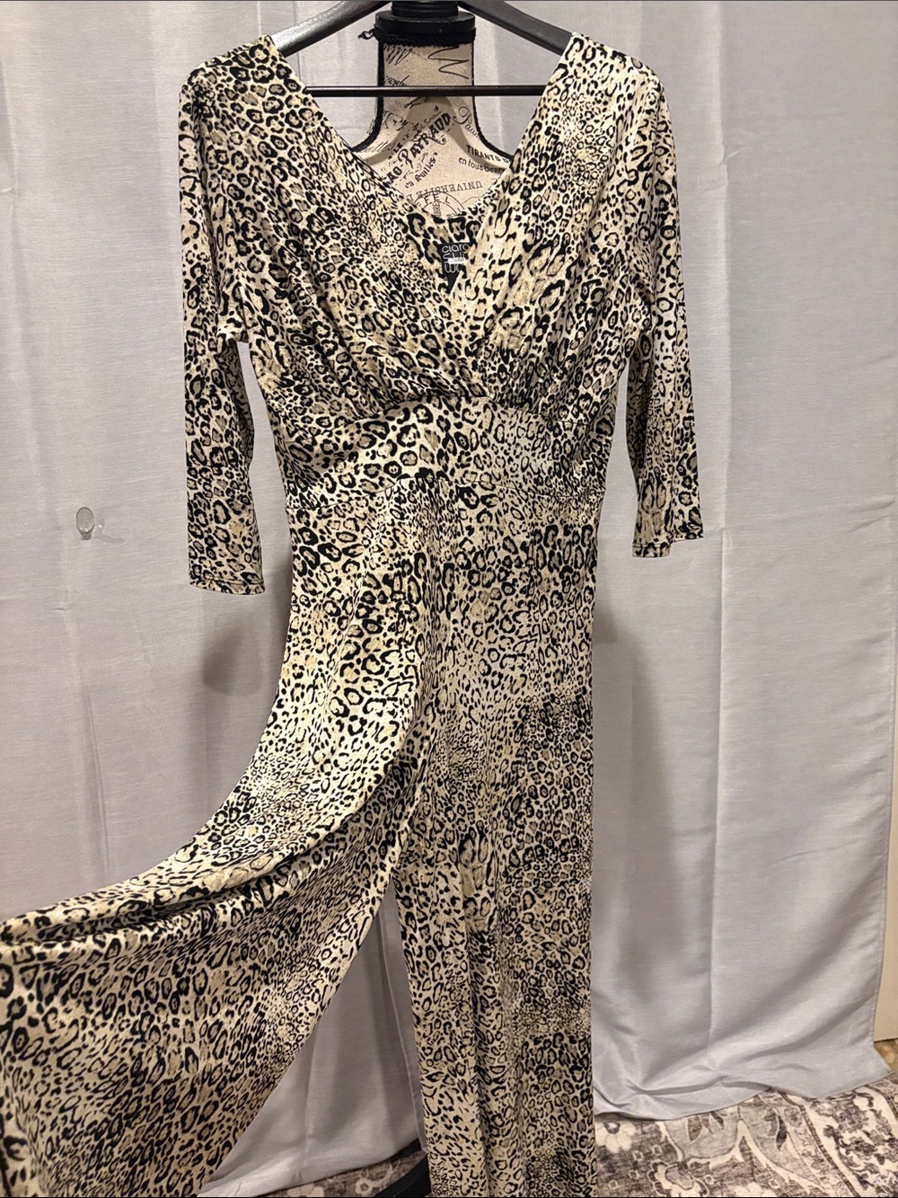 Clara Sun Woo Animal Print V-Neck Pant Jumpsuit - Cream/Black Sz M
